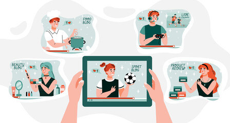 Web tutorial banner concept with various people filming training video, flat cartoon vector illustration on white background. Lectures and training in internet.