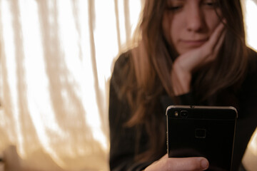 Social media concept, woman with mobile smartphone, smile. 