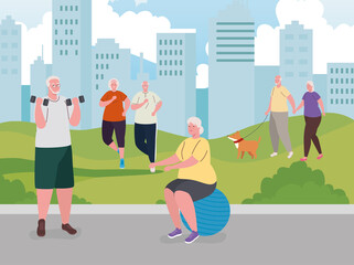 Fototapeta na wymiar old people doing activities outdoor, practicing exercise and walking with dog mascot vector illustration design