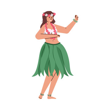 Young woman hula dancer in traditional Hawaiian skirt made from tropical leaves, cartoon flat vector illustration isolated on white background. Hawaiian woman character.