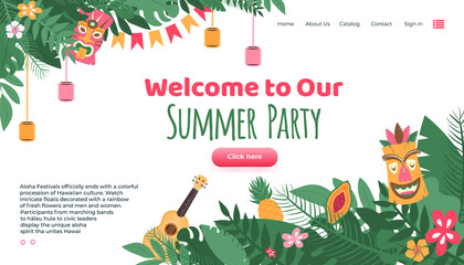Aloha festival summer party landing page for website decorated with traditional masks and hawaiian guitar with flowers and plants, flat cartoon vector illustration © Kudryavtsev