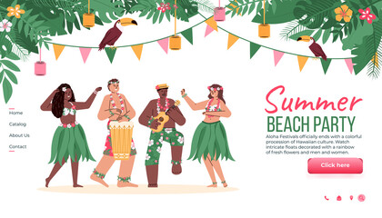 Website template for summer beach party with Hawaiian Hula dancers, cartoon vector illustration. Hawaiian tropical party landing page mockup with dancing people. © Kudryavtsev