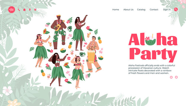 Aloha party hawaiian festival landing page for website. Group of hawaiian girls and boys dancing in traditional dresses, flat cartoon vector illustration