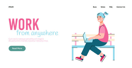 Young woman freelancer with a laptop is sitting on a bench outdoors. Girl works remotely, communicates,blog or studies online. Vector cartoon illustration. Design for the web site.