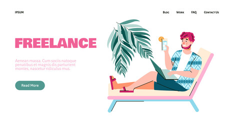Fototapeta premium Website interface with man freelancer working remotely online during vacation, flat vector illustration. Remote job and freelance occupation landing page.