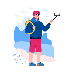 Young man travel blogger creating content for social media blog, cartoon vector illustration isolated on white background. Video streamer shooting his journey.