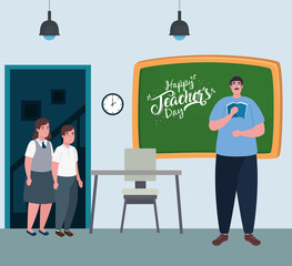 happy teachers day, with man teacher and cute students in classroom vector illustration design