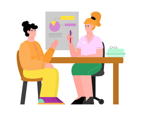 Woman receiving consultation and professional advice from a specialist in office with charts on the wall, flat cartoon vector illustration isolated on white background.