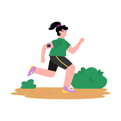 Young woman cartoon character in sportswear jogging in park, flat cartoon vector illustration isolated on white background. Running and jogging sport outdoor activity.