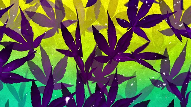 Motion background with autumn purple leaves and snow. 