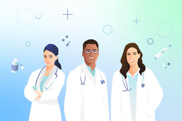 Three doctors stand in white coats with stethoscopes on a gradient background. Hospital professionals team on the background of icons and medical items.