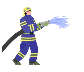 Firefighter kneeling with fire hose fighting fire and smoke set. Fireman wearing uniform rescueing people, flat cartoon vector illustration isolated white background