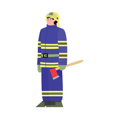 Fireman wearing helmet and special uniform fighting fire and rescueing people using fire axe for evacuation, flat cartoon vector illustration isolated white background