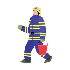 Fireman holding bucket going to assist in fighting fire. Wearing uniform firefighter rescueing people, flat cartoon vector illustration isolated white background