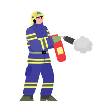 Fireman wearing special uniform fighting fire using extinguisher. Rescueing people with equipment, flat cartoon vector illustration isolated white background