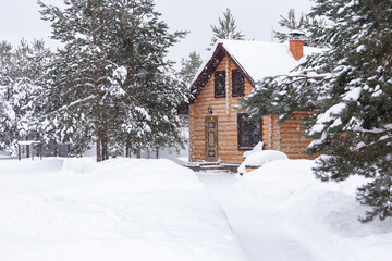 Rustic log house, snow-covered pine trees, big snow drifts, snowing.Rural beautiful winter landscape.New Year, Christmas