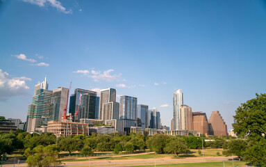 Fototapeta na wymiar Wide Angle View of Austin Texas Skyline With Mostly Clear Skies in a summer Evening - editted