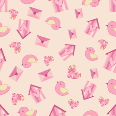 Heart, bird house and bird seamless pattern. Hand drawn cute vector illustration on pink background for greeting cards, wrapping and digital paper..