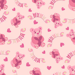 Cute teddy bear and brds with love sign seamless pattern on pink background. Hand drawn vector illustration with toy bears for Valentines day greeting cards, birthdays, wrapping and digital paper.