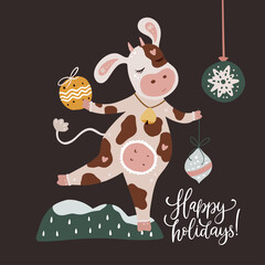 Christmas cute cartoon cow vector illustration with hand drawn lettering - Happy Holidays. Animal card with winter decorations. New Year 2021.