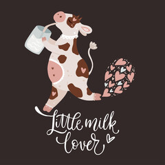 Christmas cute cartoon cow vector illustration with hand drawn lettering - Little milk lover. Animal card with milk and hearts. New Year 2021. 