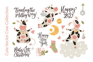 Christmas cute cartoon cow vector clip art set. Animal collection with winter decorations and hand drawn text lettering winter quotes. New Year 2021. 