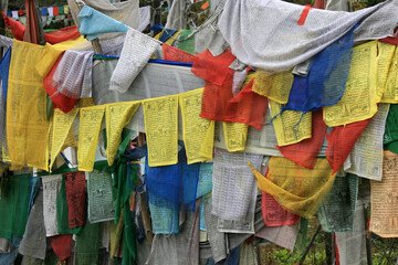 buddhist prayer flags in the countryside in bhutan