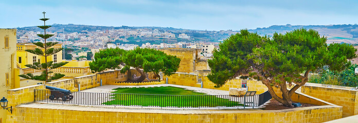 Panorama of the tiny garden in Cittadella, Victoria, Gozo, Malta