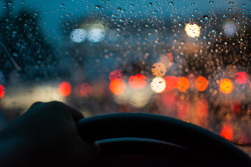 Blur the background of car tail lights, bokeh and raindrops while driving.
