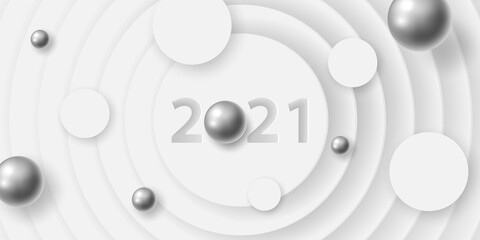 Happy new year 2021. Festive white paper cut background with silver 3D spheres. Vector illustration. Holiday banner. Modern design banner, cover, wallpaper.