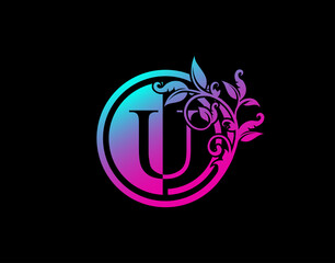Circle U Letter Floral Logo. Luxury U Swirl Logo Icon perfect for salon, yoga, restaurant, boutique and letter stamp.