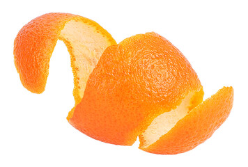 Isolated image of single orange peel on a white background. Orange zest spiral. Vitamin C, beauty...