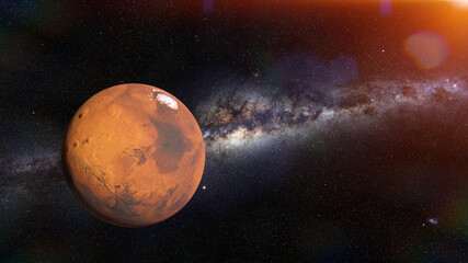 Mars, the red planet of the Solar System in front of the Milky Way 
