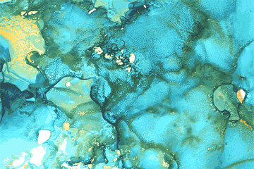 Fototapeta na wymiar Marble effect blue, green, gold stone texture. Alcohol ink oriental technique abstract vector background. Modern paint in natural colors with glitter. Banner, poster design template.