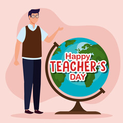 happy teachers day, and man teacher with globe earth vector illustration design