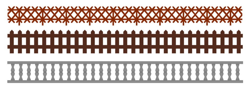 Balustrade wooden. seamless vintage railing made of wood and stone or gypsum. Flat vercor Balustrades sign. Marble Balustrade shandrail for balcony, porch or garden in classic roman style. 