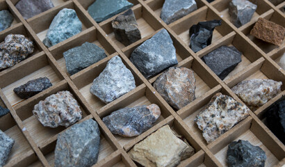 rocks and minerals in a box