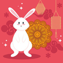 chinese mid autumn festival with rabbit, mooncake, flowers lanterns hanging and clouds vector illustration design