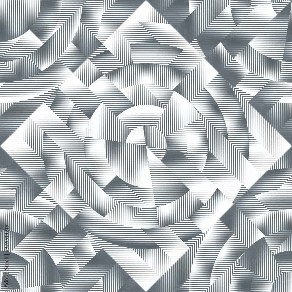 Poster volume asbtract seamless pattern. light and shadow on shapes are created with linear textures.
