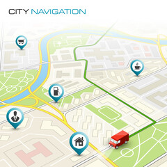 City map navigation route, point markers delivery van, schema itinerary delivery car, city plan GPS navigation, itinerary destination arrow city map. Route delivery truck check point graphic