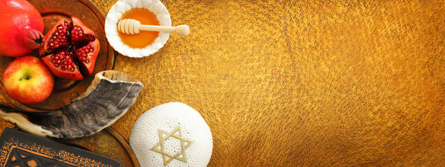 religion image of Rosh hashanah (jewish New Year holiday) concept. Traditional symbols
