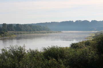 View of the misty river from the morning in summer