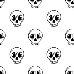 Seamless pattern with human skulls. Hand drawn vector illustration in doodle style on a white background.
