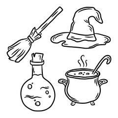 Set of elements about halloween. Hand drawn vector  in doodle style, isolated on a white background.