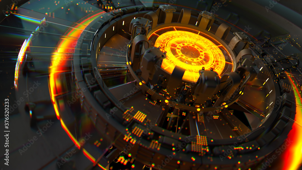 Poster 3d render of complex computing structure with glowing element in the center of it. artificial intell