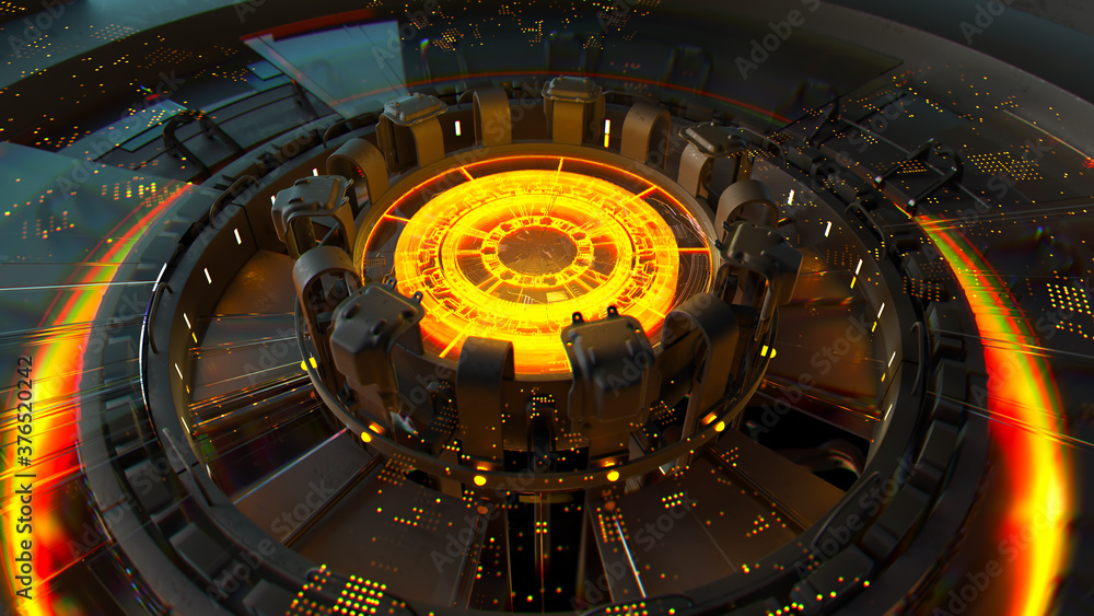 Poster 3d render of complex computing structure with glowing element in the center of it. artificial intell