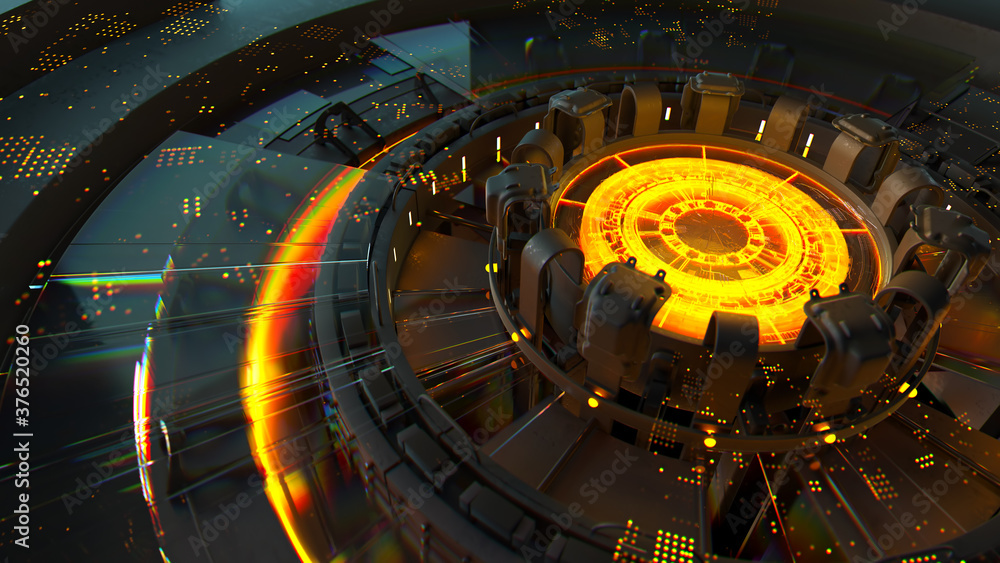 Poster 3d render of complex computing structure with glowing element in the center of it. artificial intell