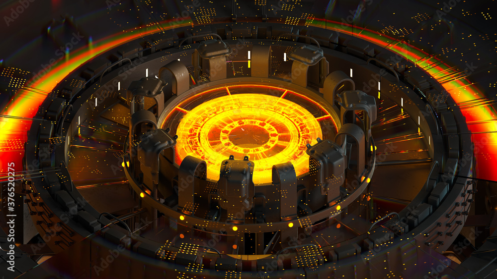 Poster 3d render of complex computing structure with glowing element in the center of it. artificial intell