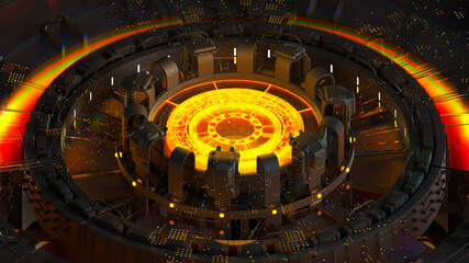 Obraz premium 3d render of complex computing structure with glowing element in the center of it. Artificial intelligence center concept. CPU structure...