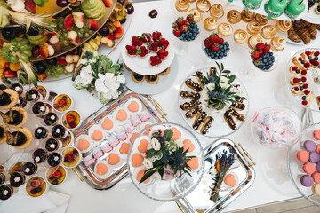 Top view of delicious baked desserts, fresh fruits and berries. Yummy decorated food, mousse, macaroon, brownie, eclair. Exclusive wedding table catering. Concept of healthy desserts, sweet party.